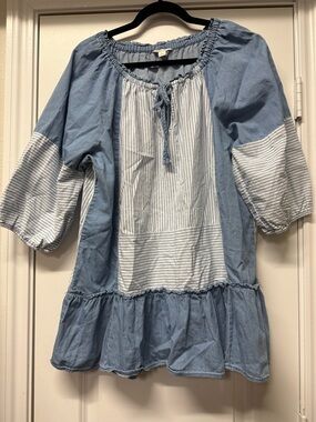 CATO Blue Striped Peasant Blouse Size Large Cotton Ruffle Hem Boho Top